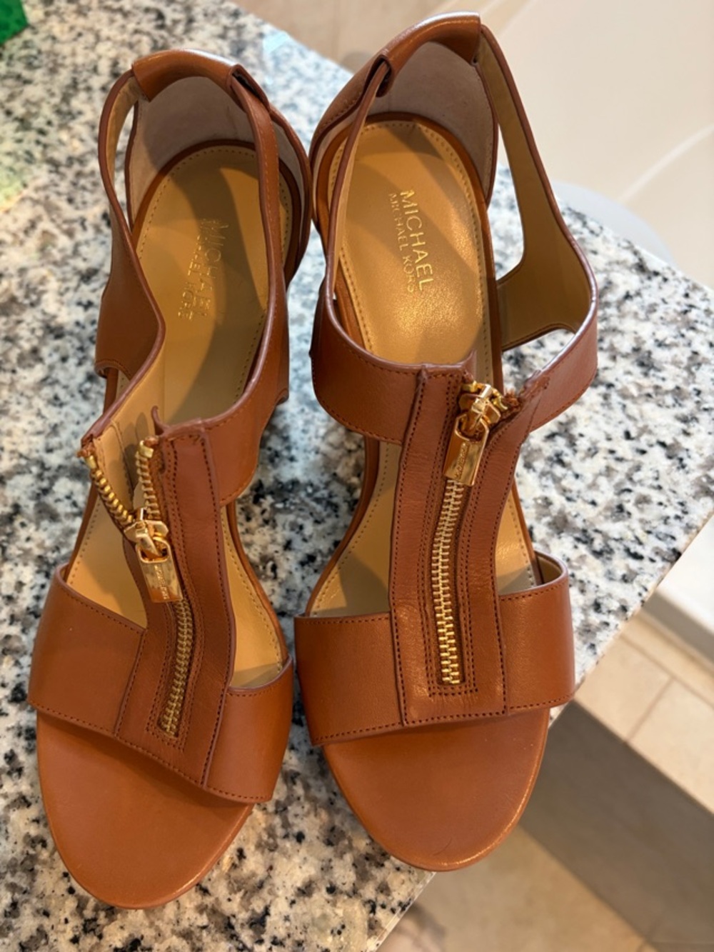 Michael Kors Tan Leather Zip Front Heeled Sandals